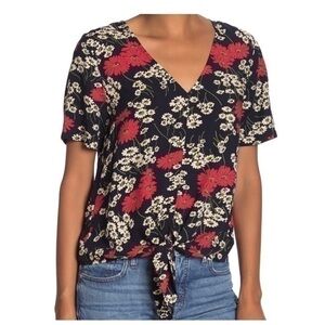 Madewell Hillside Daisies Novel Tie Front Navy Short Sleeve Top